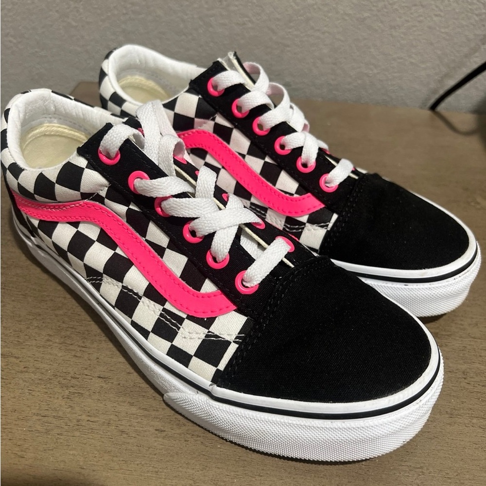 Vans Black and White Checkered Sneakers with Pink Highlights